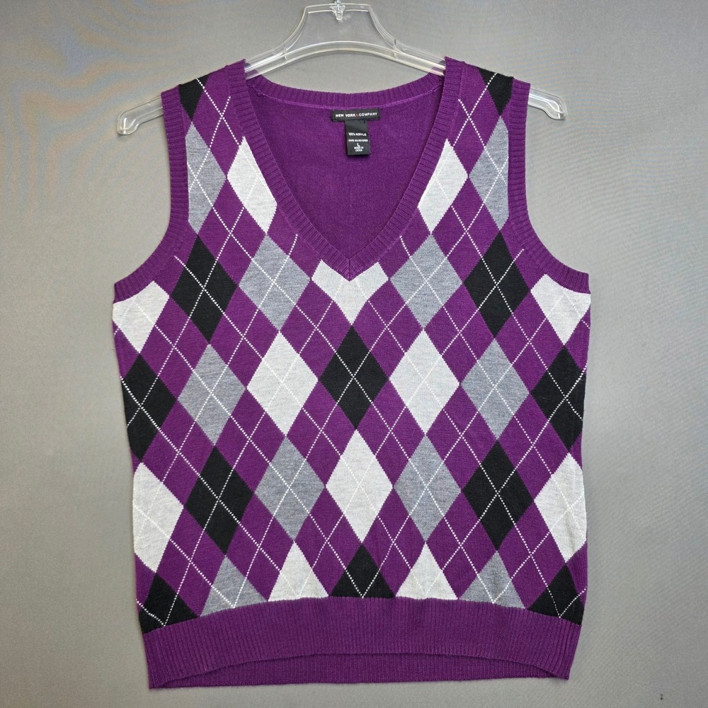 New York & Company Sweater Vest Women's Argyle V-Neck Purple Large